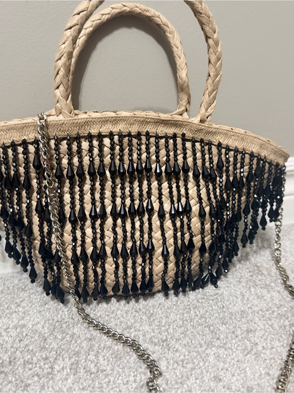 Zara mini Beaded Straw Tote Bag in Natural with Black Accents